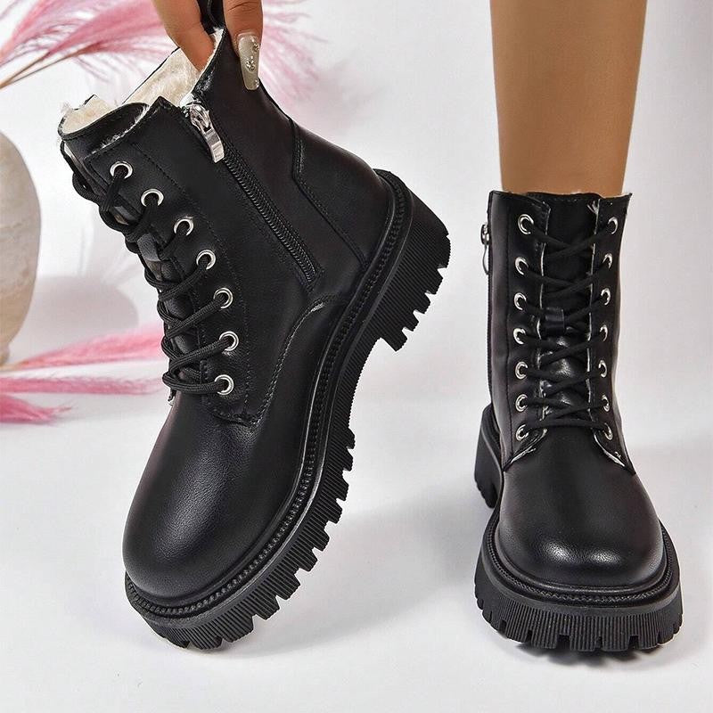 Thick Warm Long Plush Ankle Boots for Women Winter 2024 Lace Up Pu Leather Motorcycle Boots Woman Plus Size Short Booties Shoes