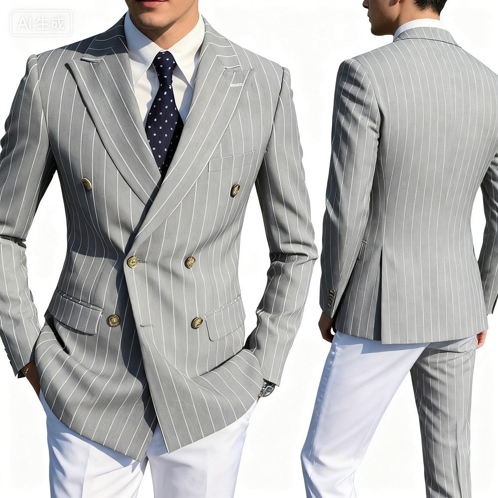 Men's Brown Striped Blazer Double Breasted Jacket Peak Lapel Spring New Style Male Outerwear