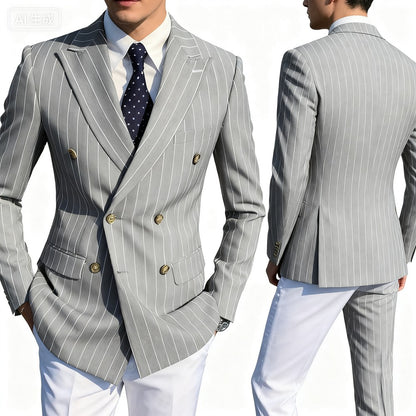Men's Brown Striped Blazer Double Breasted Jacket Peak Lapel Spring New Style Male Outerwear