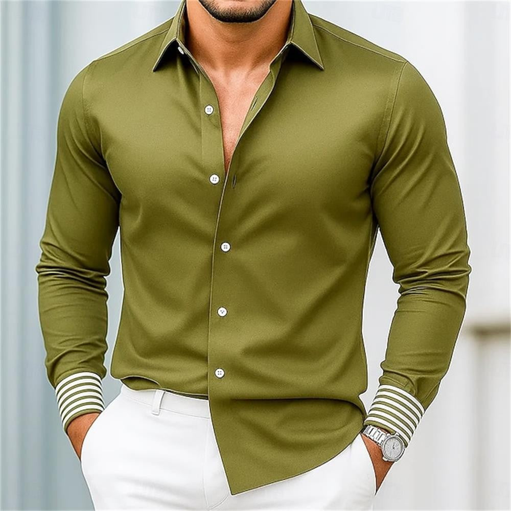 Fashionable men's long sleeved shirt with slim fit collar button solid color casual party plus size men's shirt