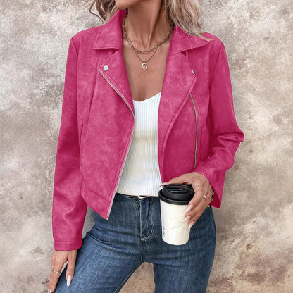 New Autumn Rose Red Women's Short Jacket, Zipper Closure, Lapel Collar, Fashionable Casual Coat.