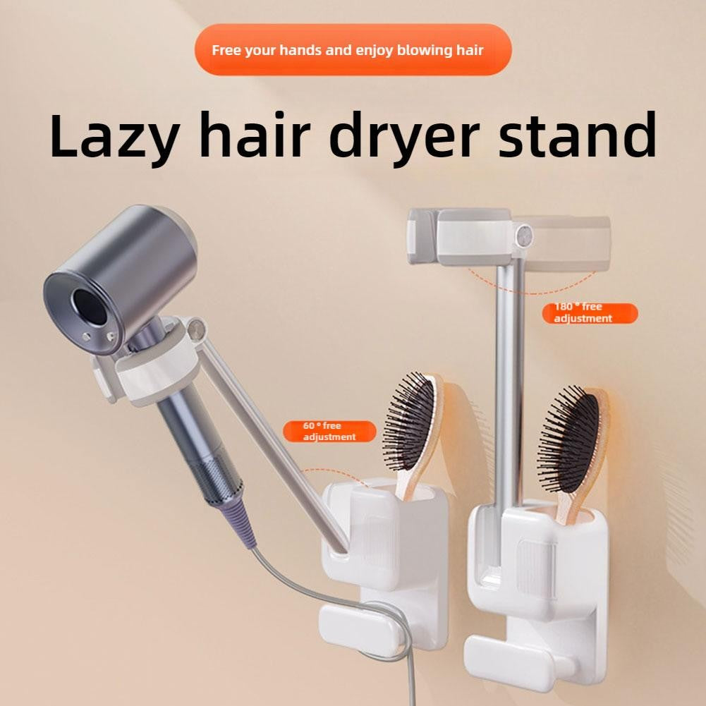 Suporte de Secador de Cabelo Ajustável em Ângulo, Sem Furo, Fixado na Parede, Suporte para Secador de Cabelo para Banheiro, Prateleira de Armazenamento para Mãos Livres