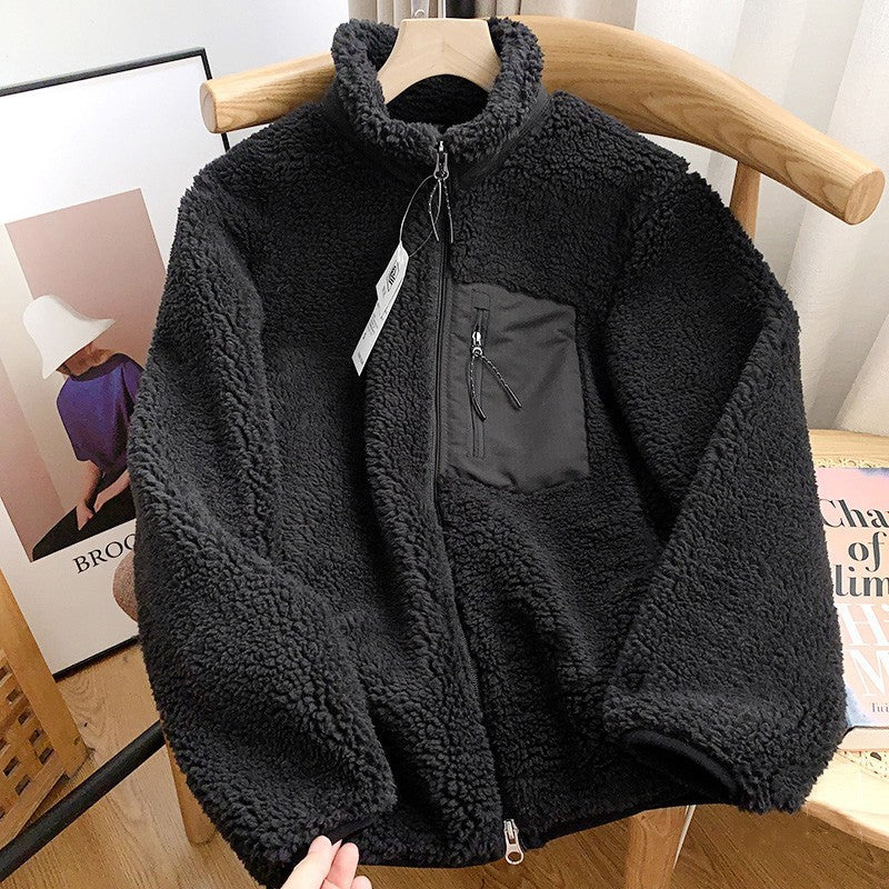 Autumn and Winter Japanese Men's and Women's Fleece Stand Neck Jacket Couple Zipper Loose Warm Lamb Wool Coat Solid Color Jacket