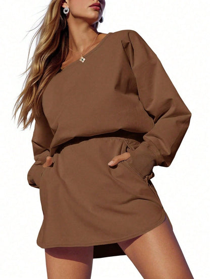 Sexy Women Long Sleeve Active Dress Mid-Calf Elastic Waist Pleated Backless Keyhole Workout Dress With Built In Shorts