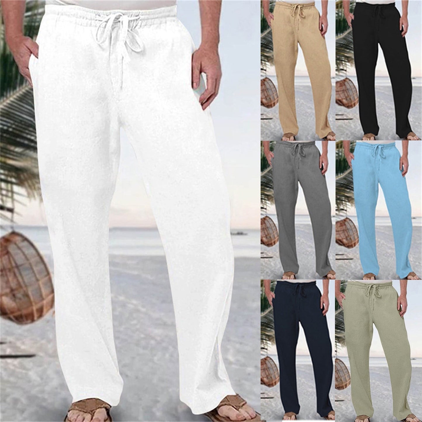 Mens Fashion Casual Pants Solid Color Breathable Cotton Linen Elastic Waist Straight Pants With Pockets Large Size White Pants