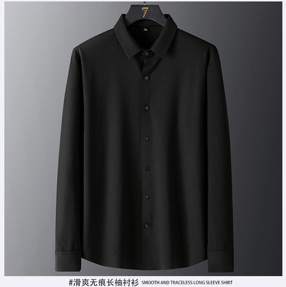 Stretch Elastic Stripe Men's Shirt Long Sleeve Classic Blouse Male Elegant Work Big Size Plus Large High Quality Ice Silk Social