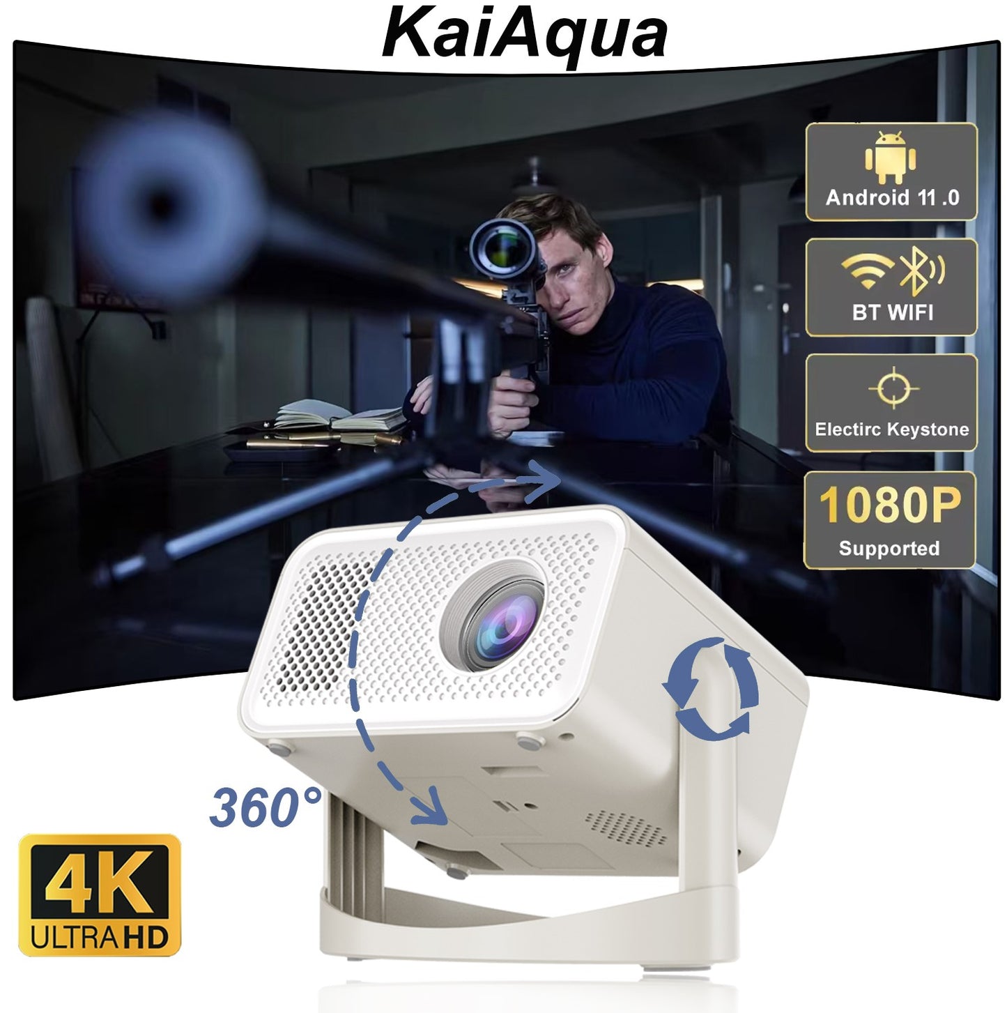 Projetor KaiAqua HT23 PLUS 4K Android 11 Dual Wifi6 260ANSI Allwinner H713 BT5.0 1080P 1280*720P Projetor Doméstico/Externo