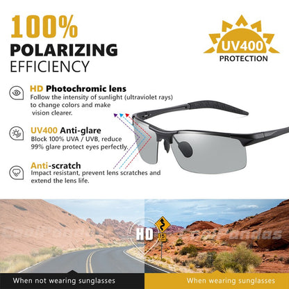 CoolPandas Óculos de Sol Fotocromáticos Masculinos Polarizados Sem Aro para Esportes ao Ar Livre Óculos de Condução Dia Noite Camaleão Óculos Masculinos