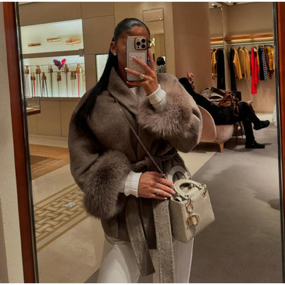 2025 Chic Lapel Plush Coat With Belt Women Vintage Solid Faux Fur Sleeve Tweed Open Coats Female Autumn Casual Street Outwear