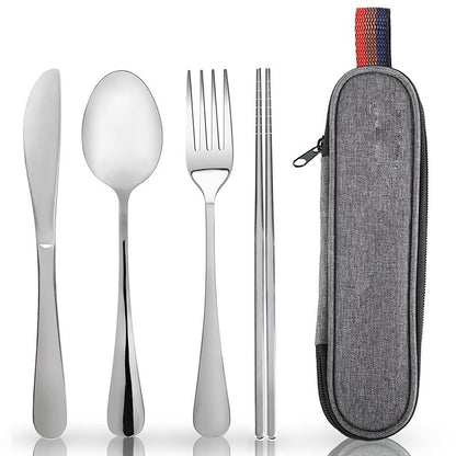 5Pcs Stainless Steel Dinnerware Set Tableware Spoon Fork Knife Chopsticks Kit with Storage Bag Kitchen Household Cutlery Set