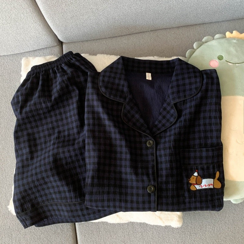Embroidery Dog Sleepwear Fashion Cute Pajamas Set for Women Plaid Lapel Elastic Waist Design Pajamas Short Casual Nightwear