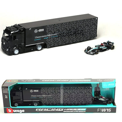 Caminhão-Contêiner Bburago 1:43 F1 Transporte Ferrari SF24 AMG W15 McLaren MCL38 Racing Hauler Brinquedos em Miniatura de Liga Fundida Gi