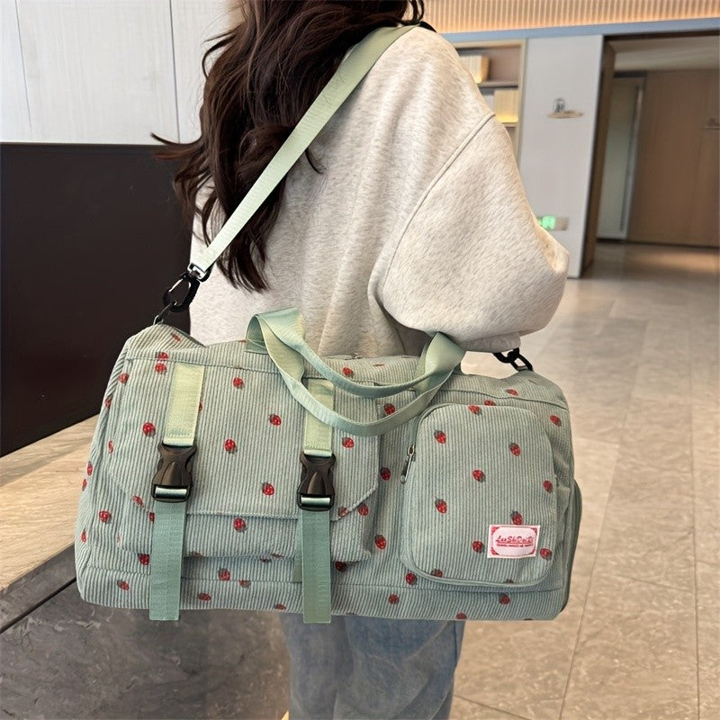 Large Capacity Travel Duffel Bag with Strawberry Pattern, Wet/Dry Separation, Independent Shoe Compartment & Multiple Pockets