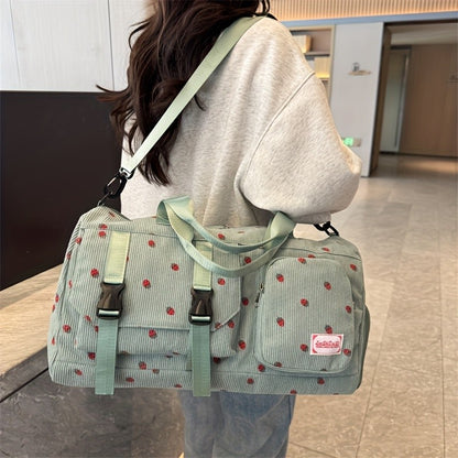 Large Capacity Travel Duffel Bag with Strawberry Pattern, Wet/Dry Separation, Independent Shoe Compartment & Multiple Pockets