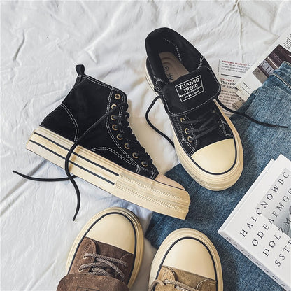 Novos Sapatos Masculinos de Cano Alto com Sola Plana, Botas de Trabalho Casuais para Exteriores com Sola Grossa, Sapatos Masculinos para Caminhada, Tênis de Lona de Cano Alto para Casais