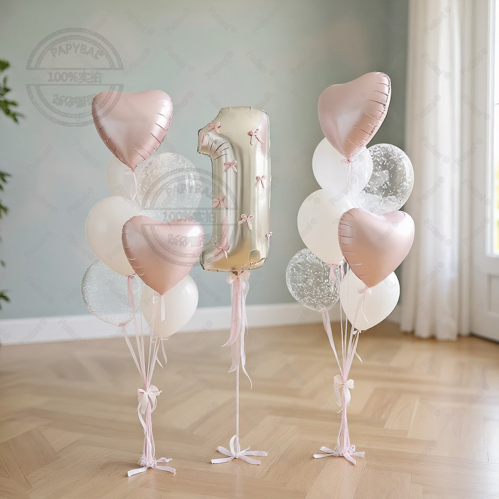 32inch Pink Bows Number Balloons Cream White Beige Number Foil Balloons Pink Bows For Birthday Coquette Themed Party Decor