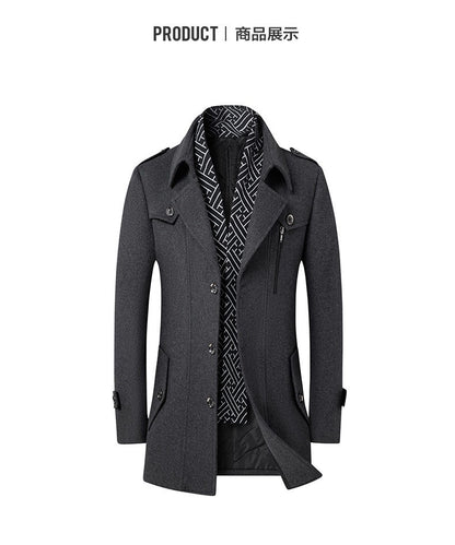 High-quality men's fashionable, stylish, versatile, trendy and casual autumn and winter woolen overcoat with a scarf