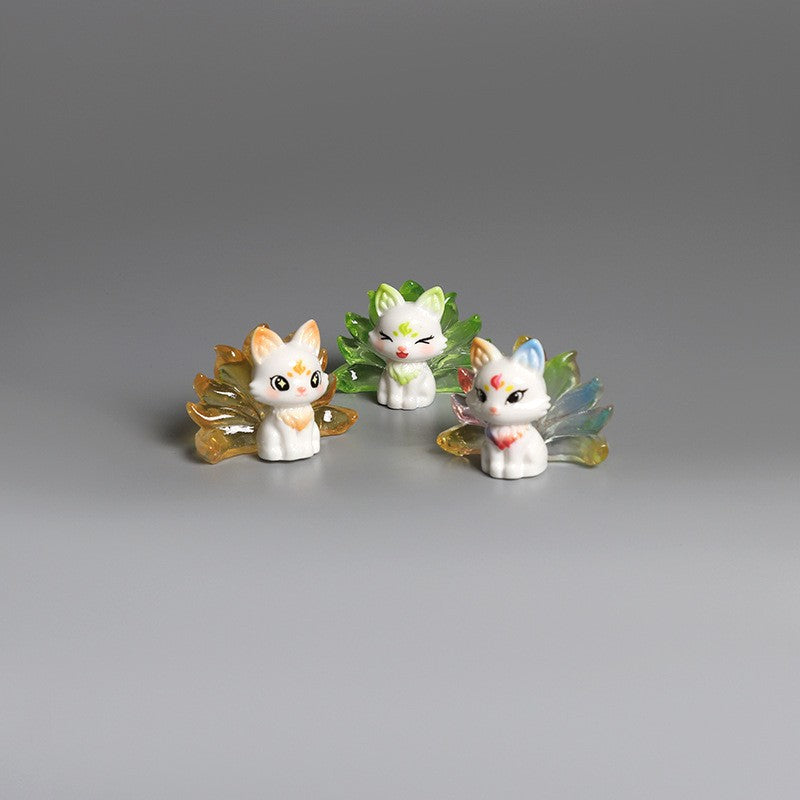 1/6Pcs Cute 9 Tailed Fox Resin Figurine, Kawaii Fantasy Miniature Mythical Fox Animal Decor for Desk Shelf Car Collectible Gift