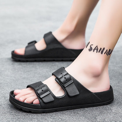 Litfun Women Summer New Sandals Fashion Double Buckle Outdoor Non-slip Beach Shoes Soft EVA Sandals Couple Casual House Slides