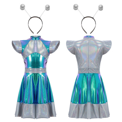 Kids Alien Cosplay Costume Outfits Boys Girls Metallic Shiny Alien Jumpsuit Halloween Full Length Bodysuit with Hair Hoop Suit