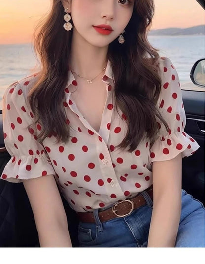 Ladies Fashion Loose Simplicity Elegant Trend Vintage Women's Shirt Buttons Polka Dot Flare Sleeve Temperament Short Sleeve Top