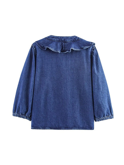 European style new women's fashion all-match temperament lotus leaf lace V-neck long-sleeved denim shirt