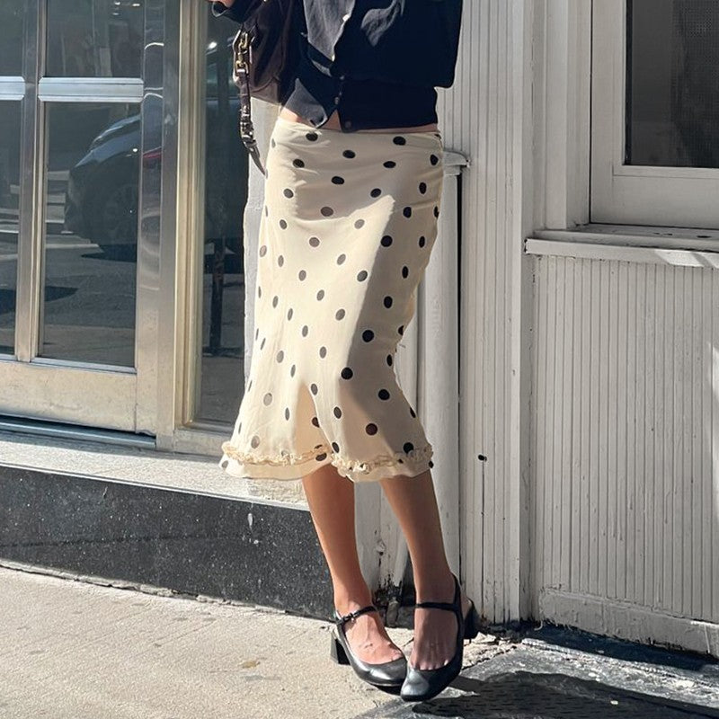 BIIKPIIK Casual Women Polka Dot Skirts Lettuce Trim Beige Elegant Midi Skirts St