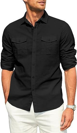 Business Men's Single-breasted Shirt Double Pocket Cotton Linen Long-sleeved Shirt Casual Vacation Shirt