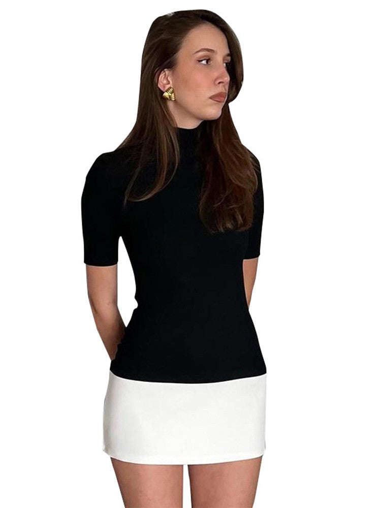 Summer 2025 Turtleneck Half Sleeve Mini Dresses French Style Fashion Elegant Bla