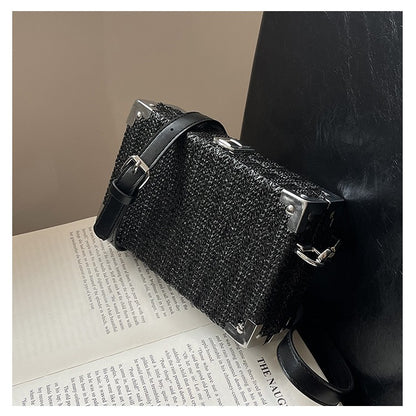Couple's Sling Bag Straw Weaving with Corner Metal Decoration Boxy Shape Doctor Bag for Date Back to School Party Shoulder Bag