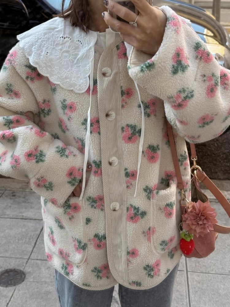 Women Printed Short Fleece Jacket Fashion Casual Round Neck Single Breasted Pocket Loose Jackets Lady Daily Commute Office Coat