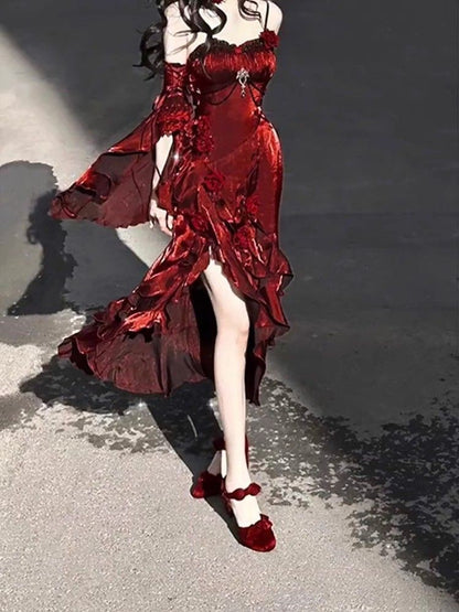 Red Rose Dress Lolita Mermaid Dress Elegant Goddess Lolita Adult Ceremony Dress Skirt