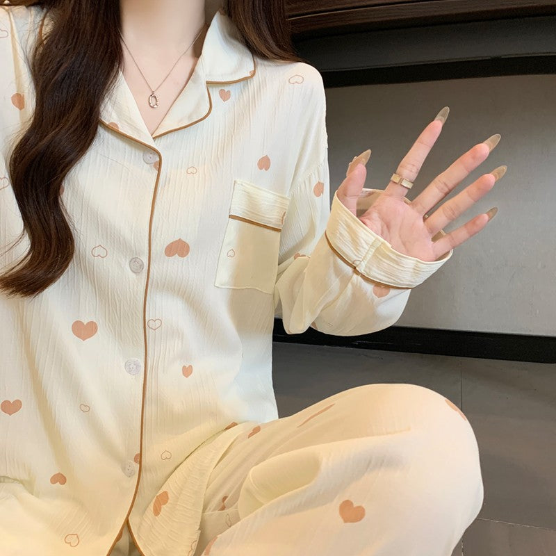 Women's Pajamas Set Bow Print Sleepwear Button Down Tops Long Pajama 2 Piece Suit Pyjama Femme Nightwear Loungewear for Winter