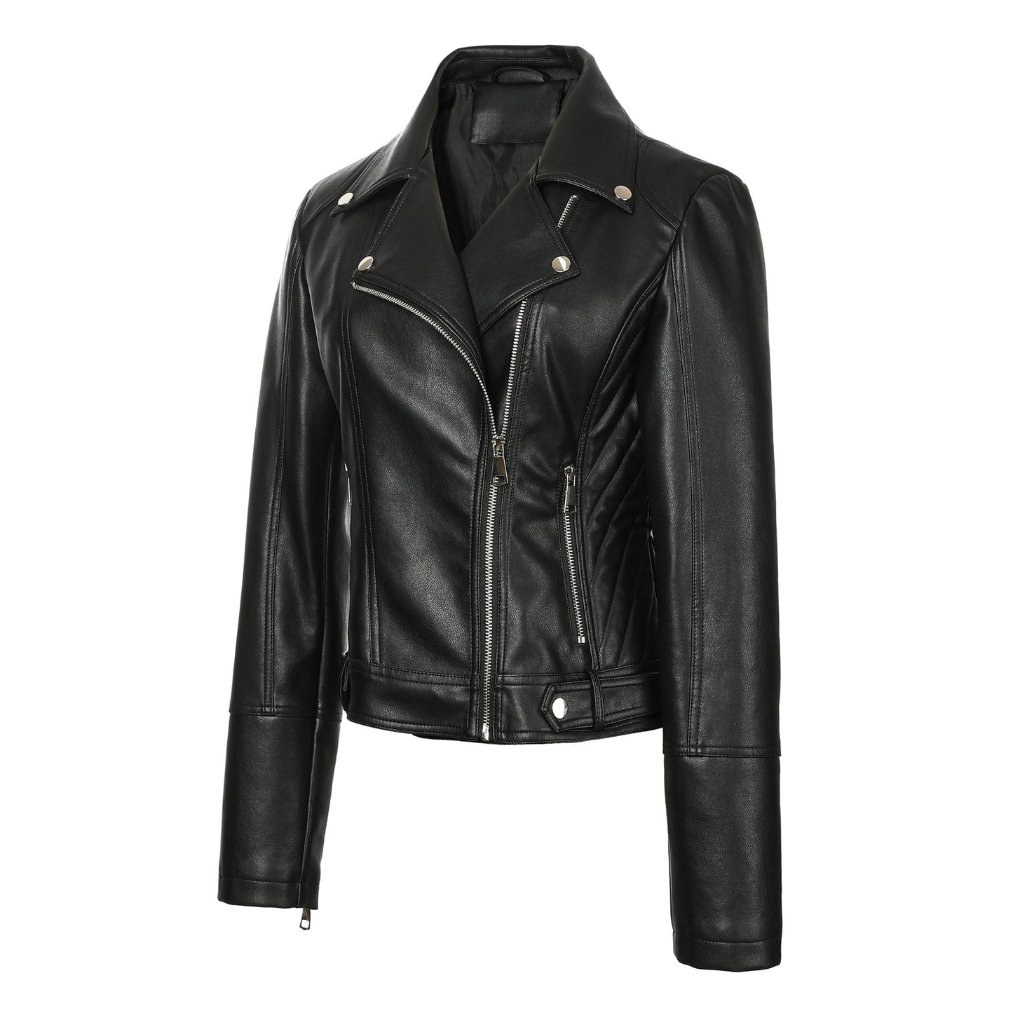 ? Biker Style Pu Leather Jacket for Women - Vegan Faux Motorcycle Jacket with Zipper & Buttons (Black/White/Red/Green)