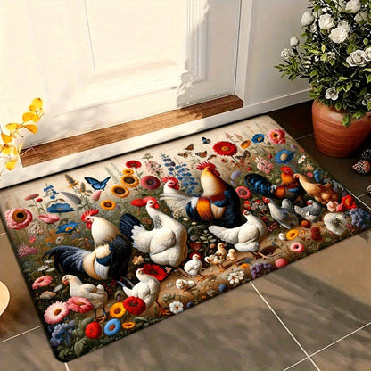 VIKAMA Rooster Floral Print Non-Slip Flannel Doormat Machine Washable Rug Suitable for Kitchen, Bathroom, Living Room, Bedroom