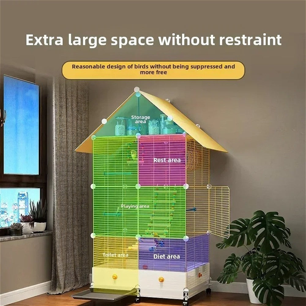 Gaiola de Pássaro para Papagaio Branca Amarela Três Camadas Interna Grande Espaço Estilo Mansão À Prova de Respingos Aparência Sólida Bonita