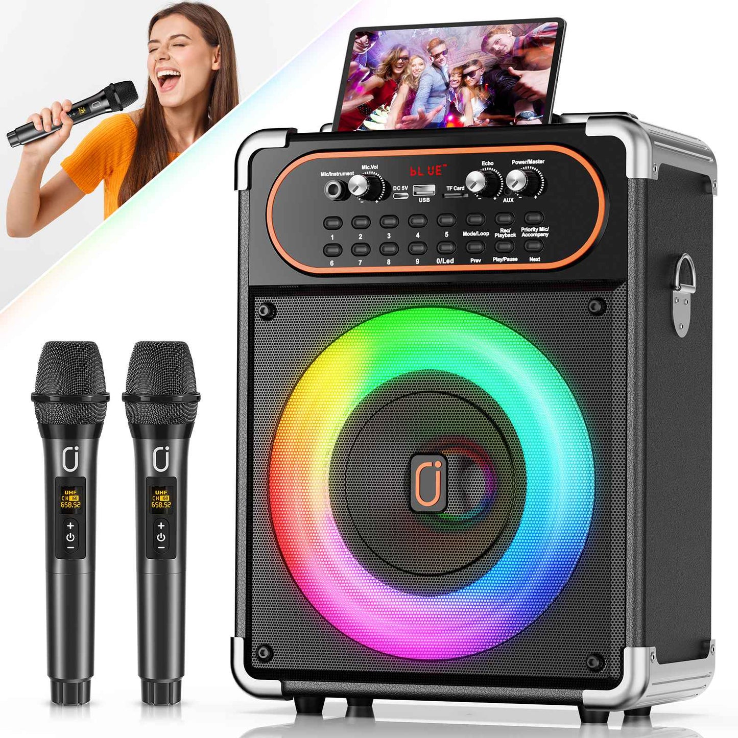 S68 Karaokê com 2 Microfones, Caixa de Som Portátil Karaokê Bluetooth 5.3, Ajuste de Eco, Suporta TV via Conexão Auxiliar