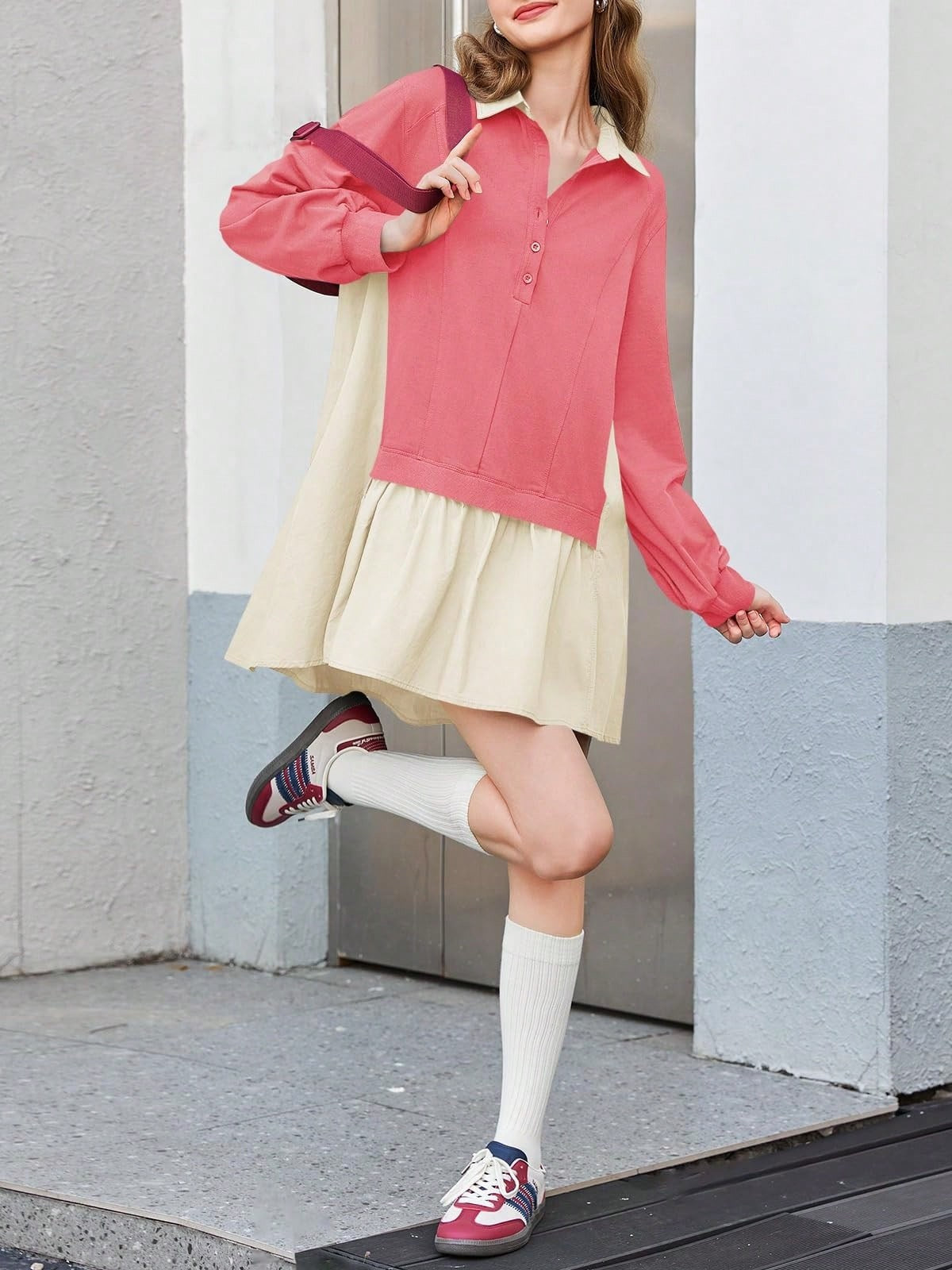 Fisoew Womens Grunge Aesthetic Dress Long Sleeve V Neck Oversized Pullover Loose Fit Mini Tennis Dress Y2K Style