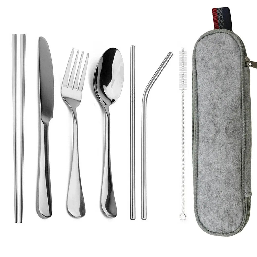Travel Hiking Portable Dinnerware Set with Pouch Reusable Stainless Steel Straw Cutlery Knife Spoon Fork Chopsticks Silverware