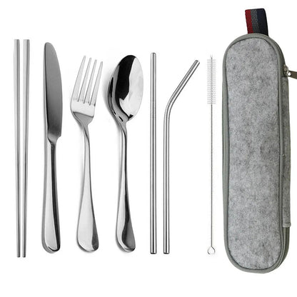 Travel Hiking Portable Dinnerware Set with Pouch Reusable Stainless Steel Straw Cutlery Knife Spoon Fork Chopsticks Silverware