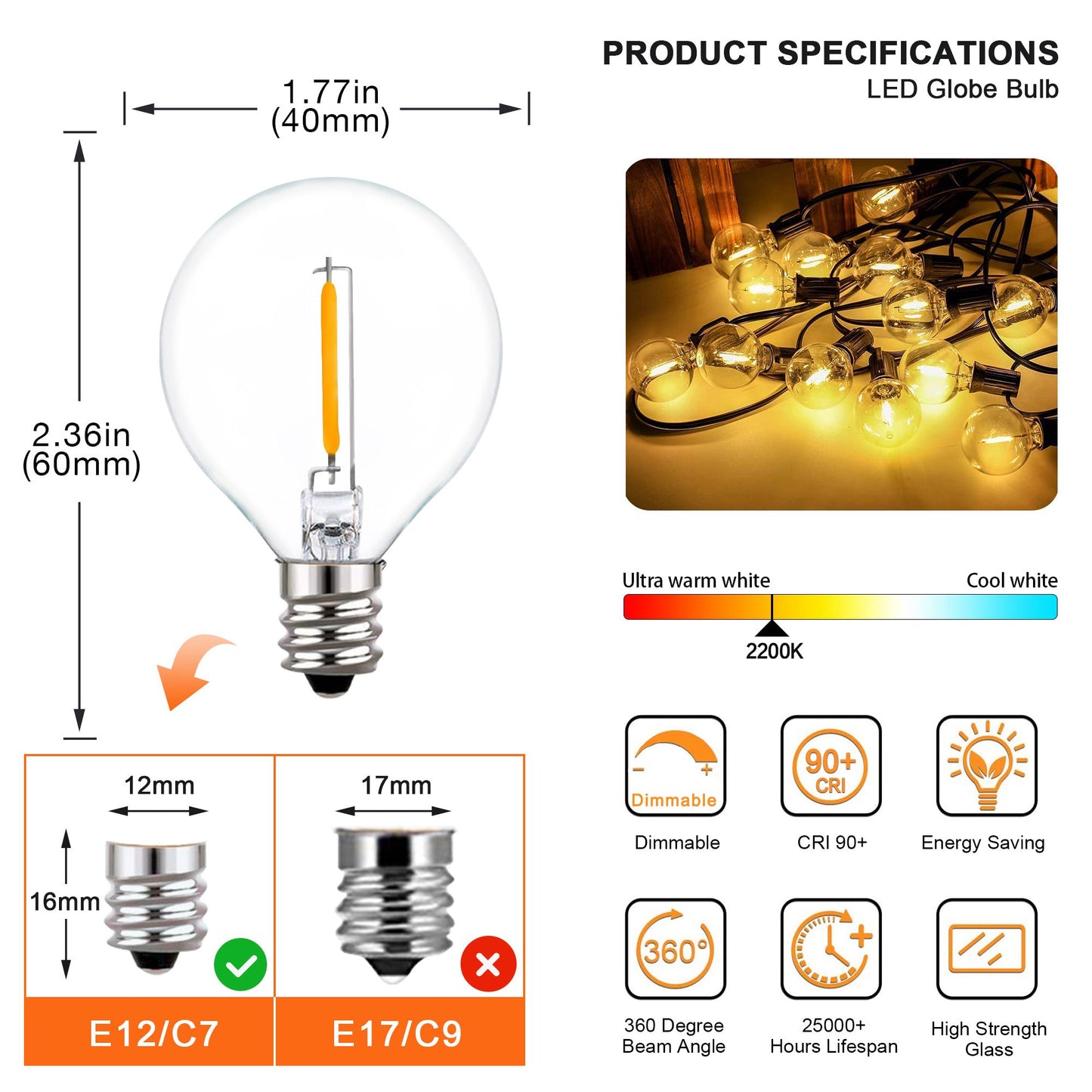 25FT 50FT G40 Fairy String Lights Outdoor Clear Glass Bulbs E12 Socket EU Plug Dimmable Waterproof Patio Decorative Lights Chain