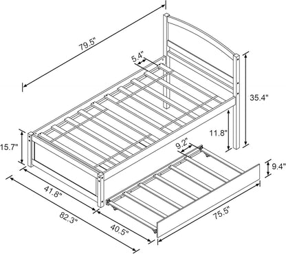Daybed with Trundle, Twin Size Pull Out Bed, Solid Wood Extendable Day with Trundle Bed Twin, Include Slat Support (Whit