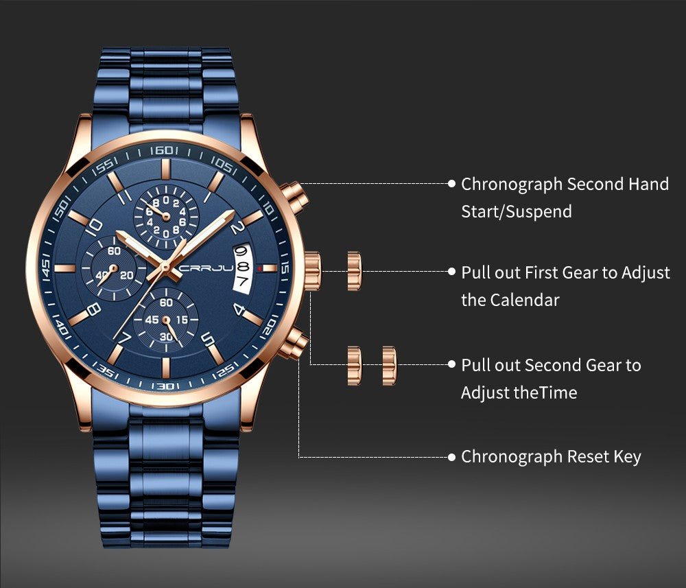 CRRJU Men Quartz Wristwatches Luxury Brand Sporty Chronograph Watches with 316 Stainless Steel Luminous Hands Male Clock Red