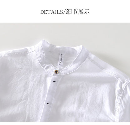 2024 Men's Linen Long-sleeved Shirt with Stand Collar, Youth Casual Loose Men's Cotton and Linen White Shirt.Beach Vacation Top