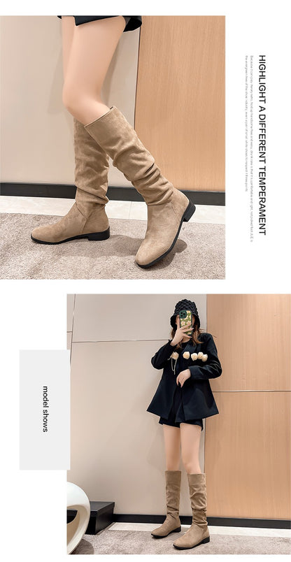 Pleated Boots Women Faux Suede Flock Knee High Boots 2024 Winter Women Fashion Slip on Square Low Heel Knight Booties Mujer 202
