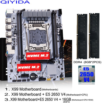 QIYIDA X99 Placa-Mãe Kit Xeon LGA2011-3 E5 2650 V4 2pcs*8gb=16GB DDR4 RAM USB PCI 3.0 NVME M.2 SATA M-ATX