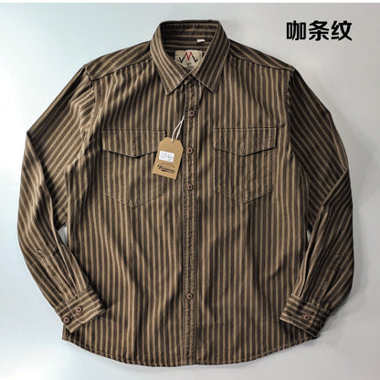 2025 Spring and Autumn New American Retro Woven Striped Cargo Shirt Men's Simple 100% Cotton Washed Double Pockets Thin Jacket