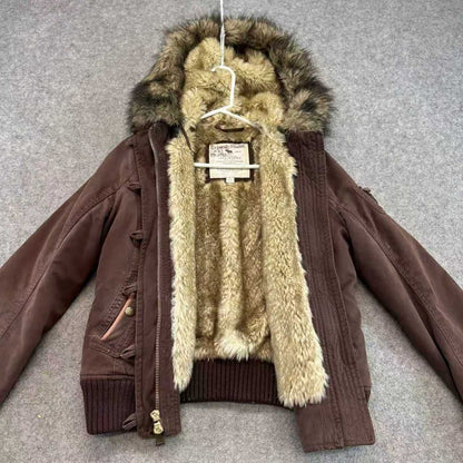 Y2K Vintage Autumn and Winter Lamb Fleece Lining Jackets Women's Cotton Brown Zipper Hooded Jacket Fur Collar Keep Warm Coat