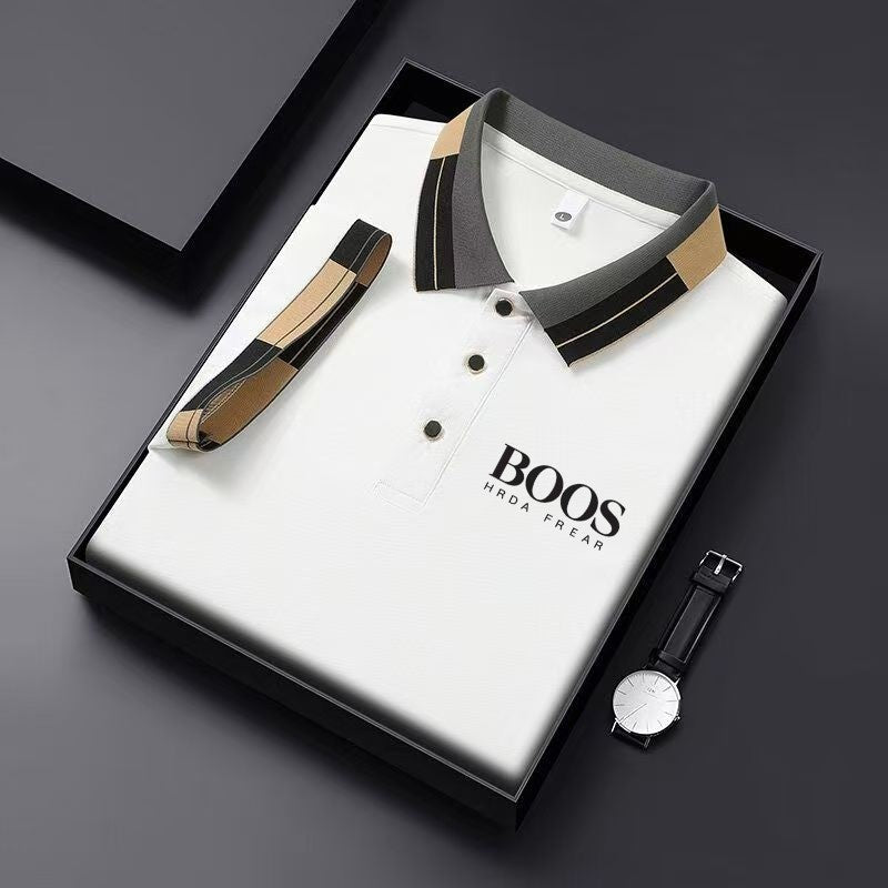 Men'S New Embroidered Short Sleeved Striped Grid Polo Shirt, Business Casual Fashionable Breathable Clothing, Youthful Fashion,