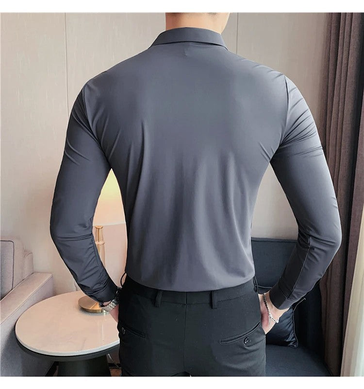 Men's Long Sleeved Elastic Shirt No Ironing Business Wear Professional Workwear Stand Up Collar Shirt Casual Solid Color Shirt